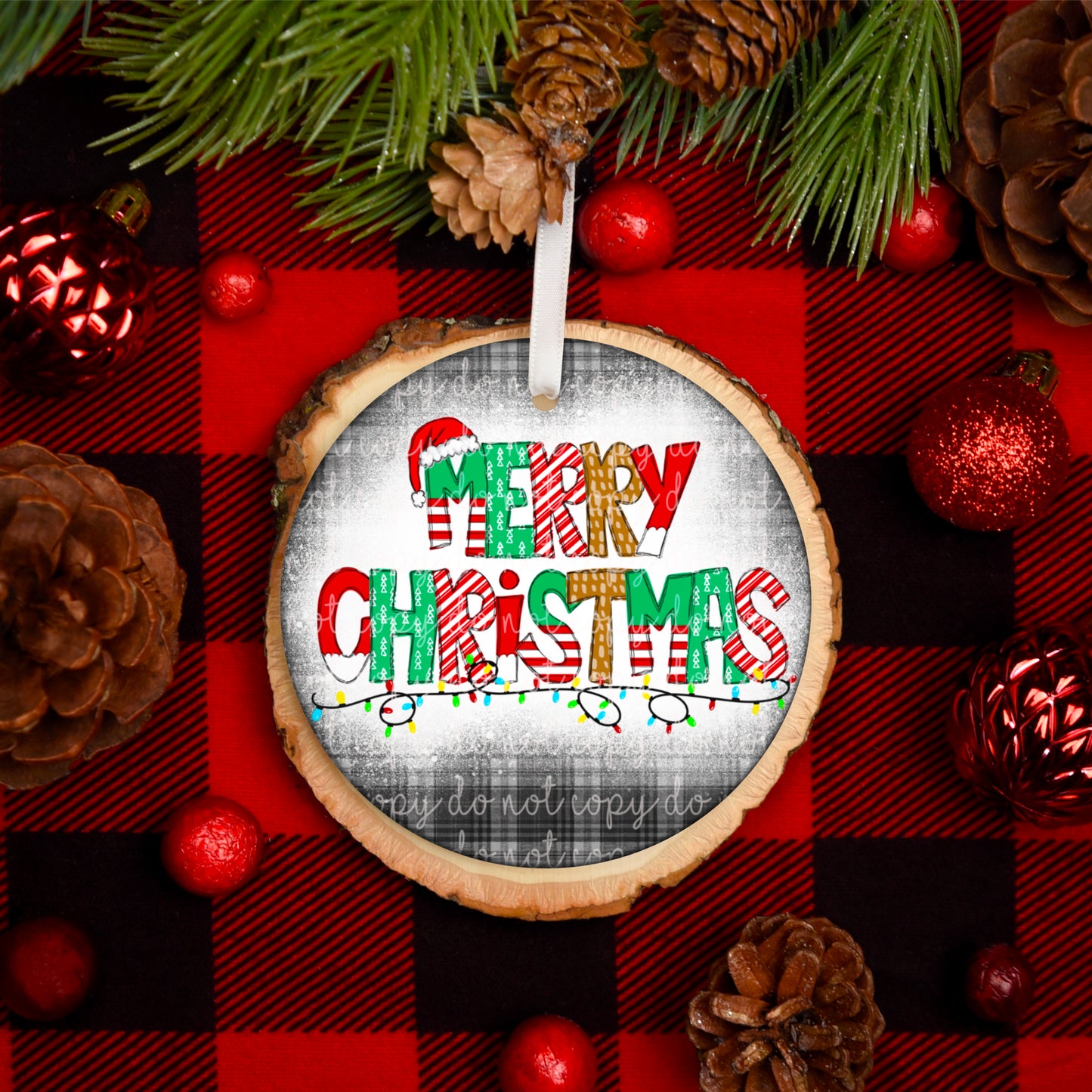 Merry Christmas Black Plaid Ornament