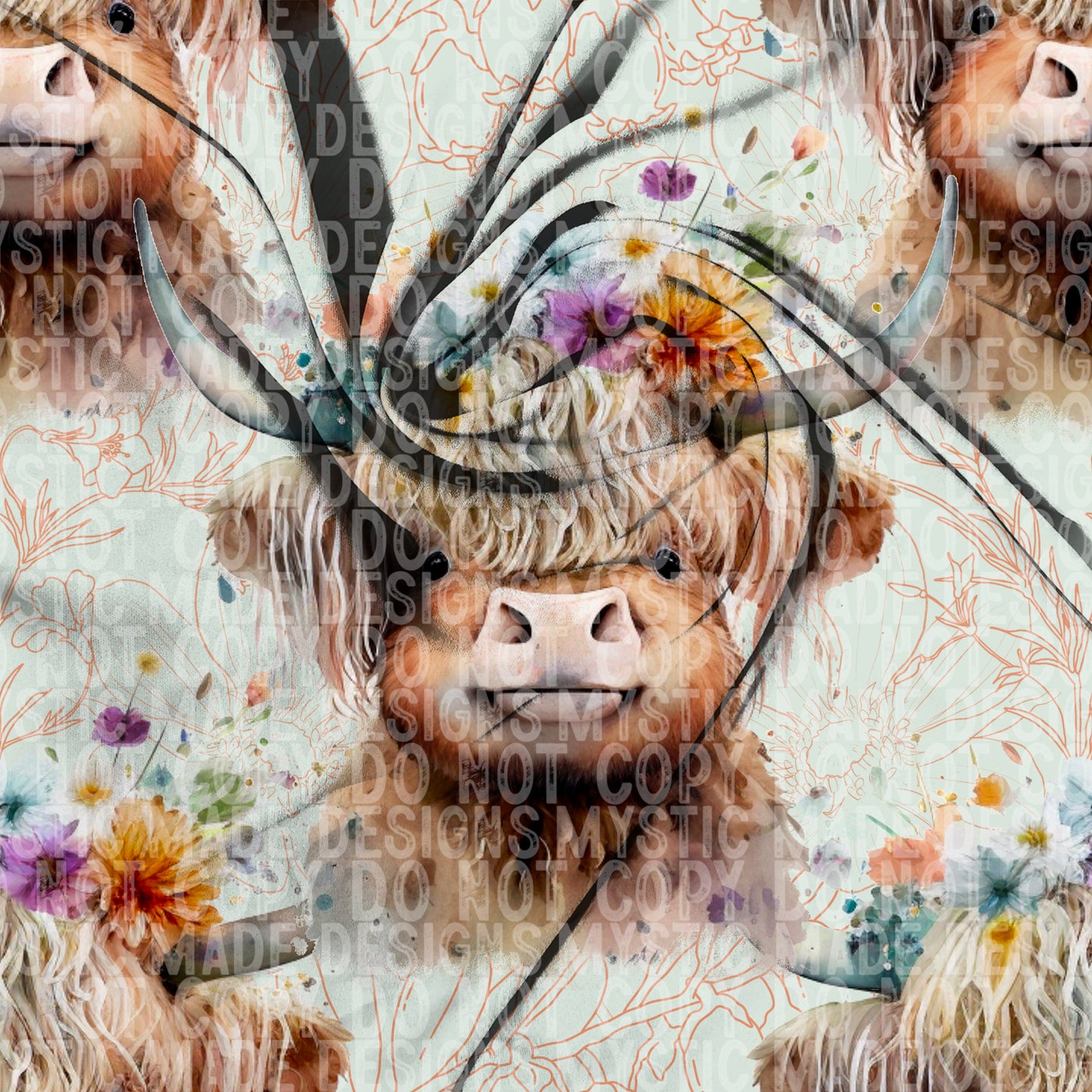 Floral Highland Cow Seamless PNG