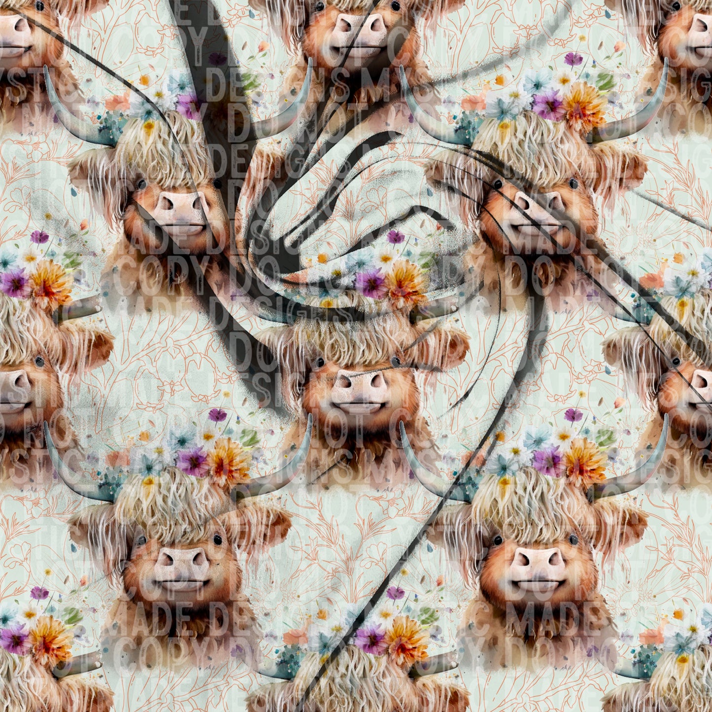 Floral Highland Cow Seamless PNG