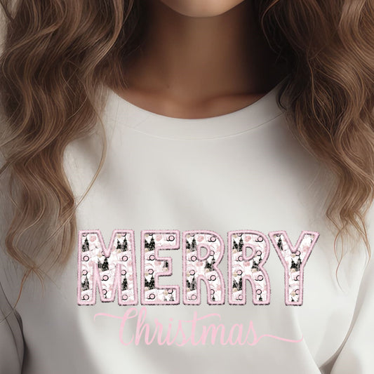 Merry Christmas Pink Faux Embroidery PNG